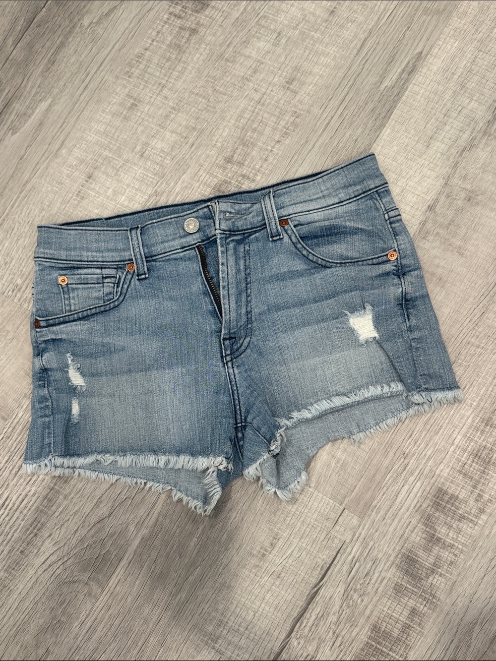 7 For All Mankind Light Blue Distressed Denim Shorts